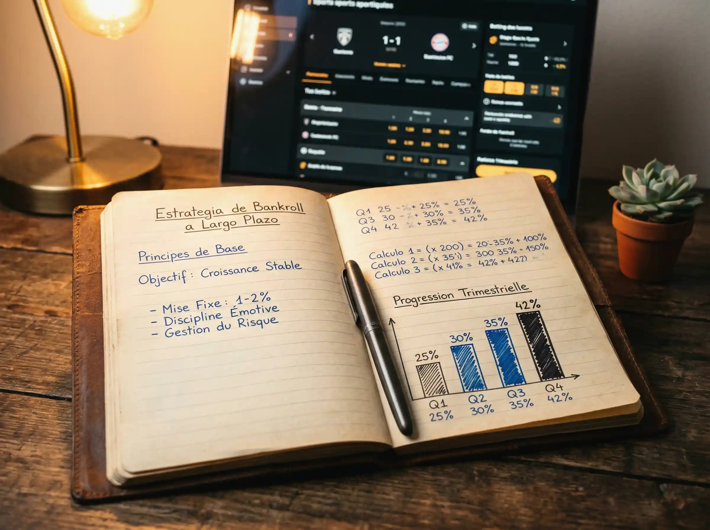 Cuaderno de notas abierto con anotaciones de estrategia de apuestas junto a un bolígrafo y un portátil