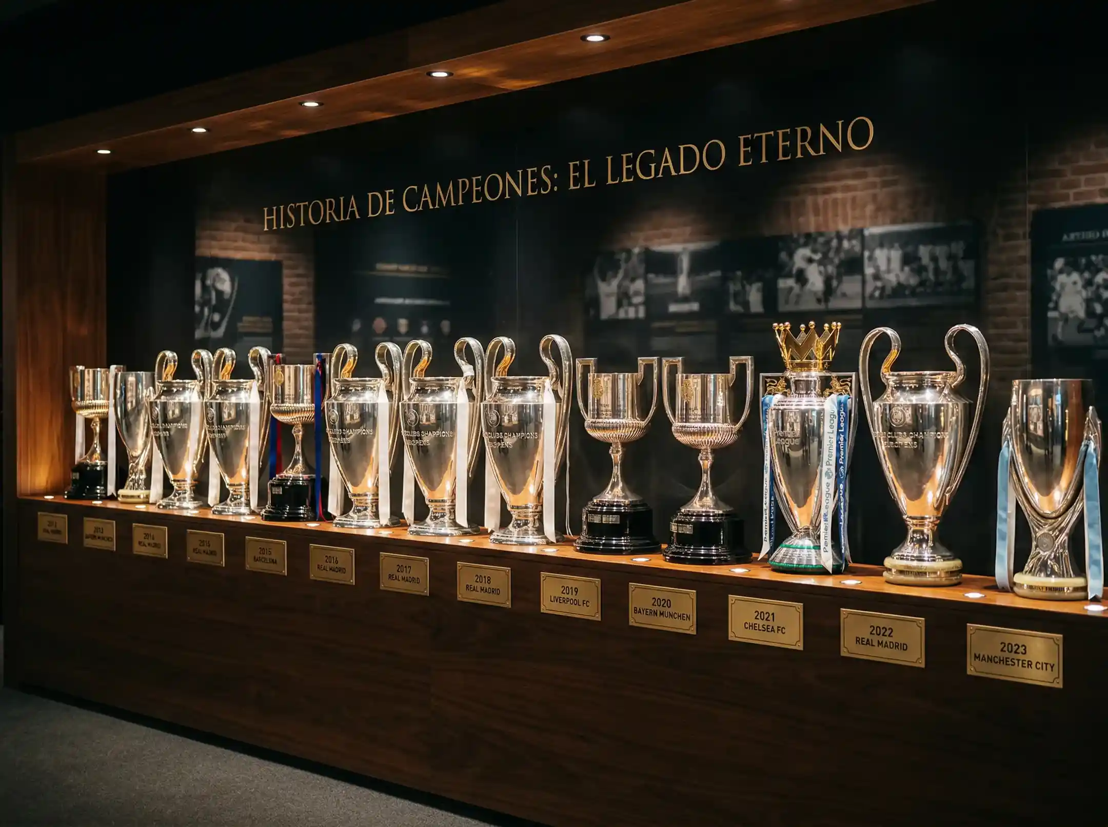 Vitrina con trofeos de liga de fútbol alineados cronológicamente